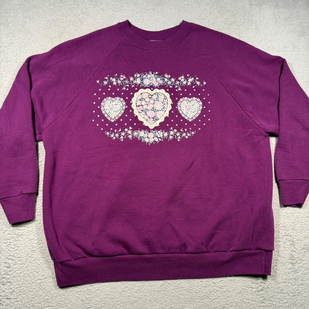 Vintage 90s Gopher Sport Sweatshirt Women 3X Purple Floral Heart Cottagecore USA